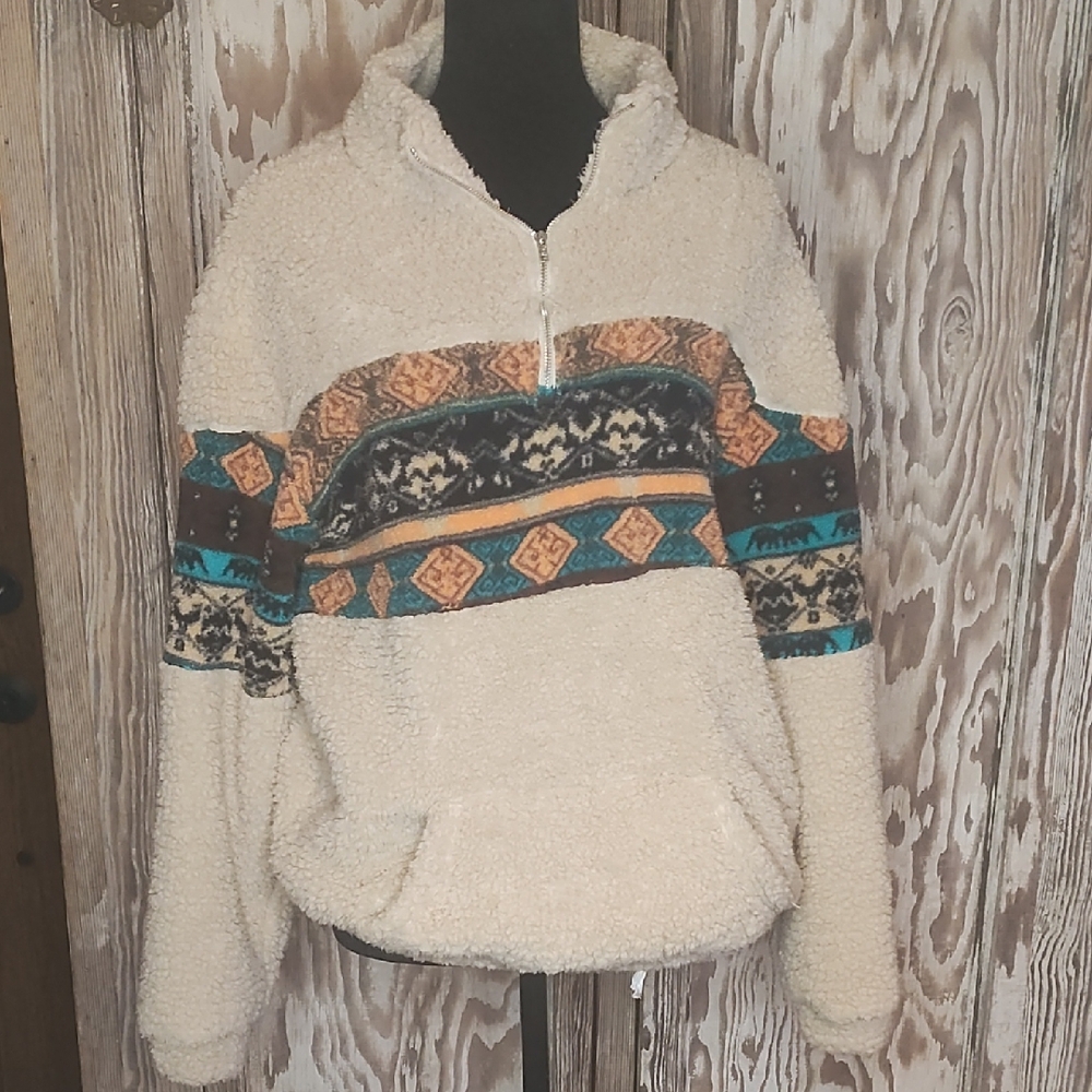 Cream and Multicolor Patterned Women's Sweater